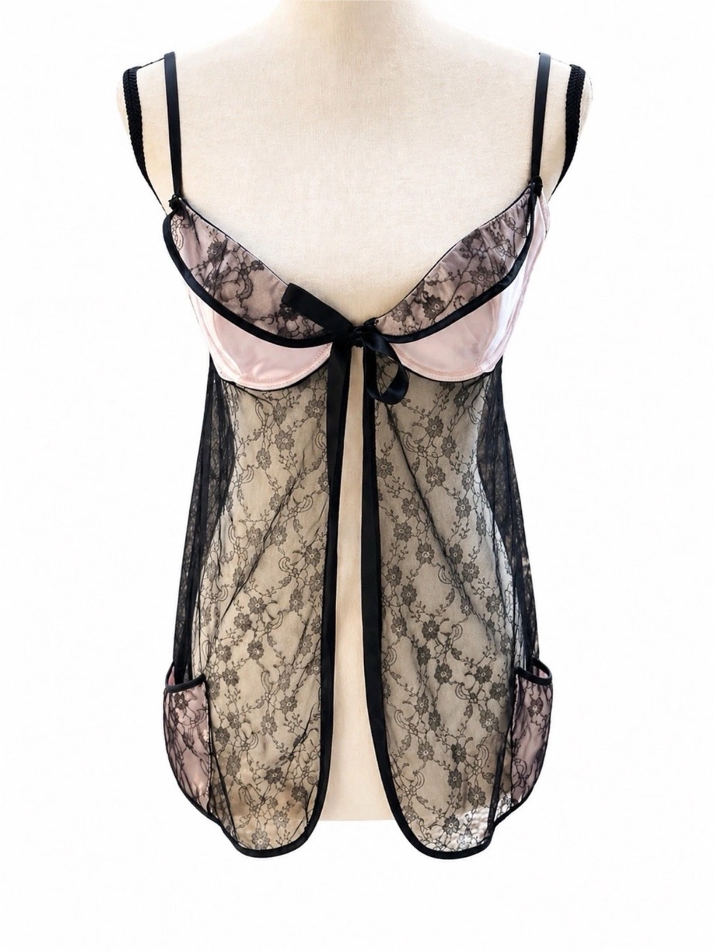 Y2K Victoria’s Secret Babydoll Chemise 36C Black Pink Lace Sheer Coquette